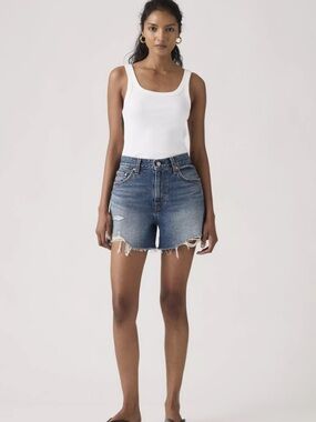 Levi's Ribcage Distressed Medium Wash High-Rise Denim Shorts